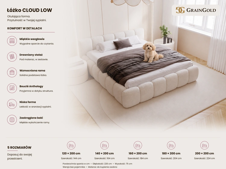 Łóżko tapicerowane bez pojemnika ze stelażem 160x200 Cloud Low Beżowe ciemne