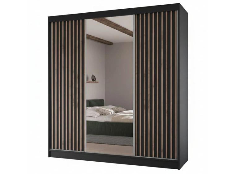Szafa przesuwna z lamelami i lustrem 200 cm Lucena Czarna